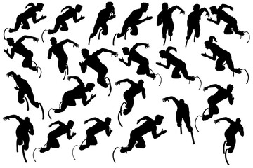collection of silhouette male character with 2 prosthesis legs, different angles body pose for graphic resource