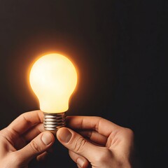 A glowing light bulb held between hands, symbolizing innovation and ideas in a dark background.