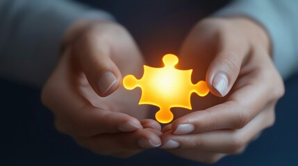 A person holds a glowing puzzle piece in their hands, symbolizing connection and problem-solving in a creative context.