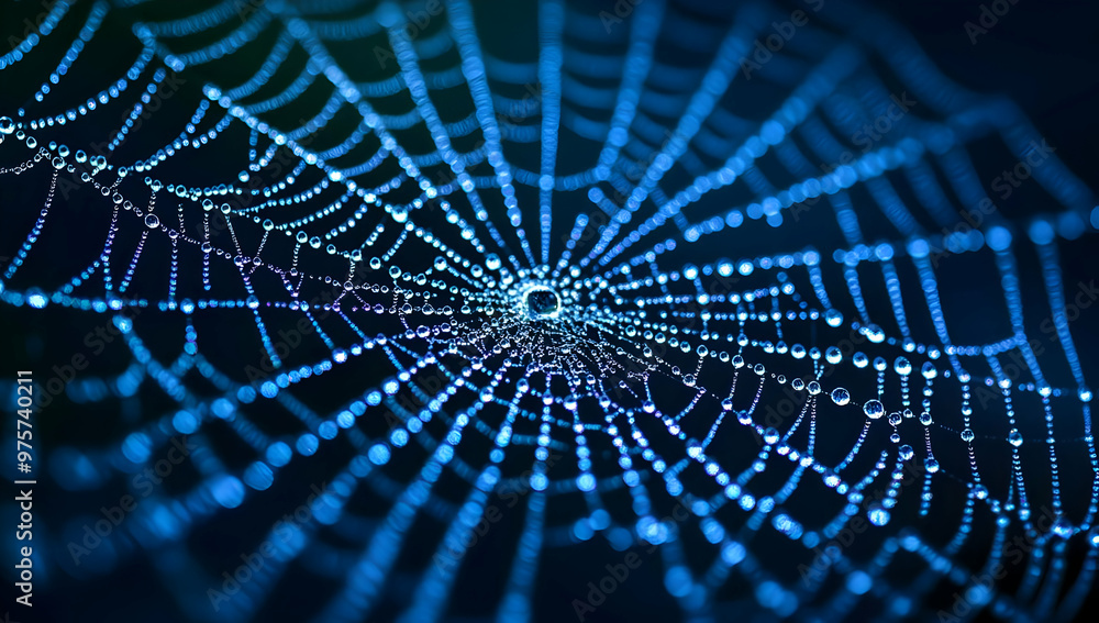 Poster stunning close-up of a spider web adorned with dew drops, creating a shimmering effect against a dar