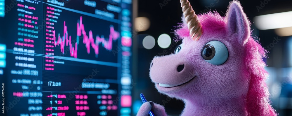 Poster a whimsical unicorn character analyzing stock market trends on a digital screen with vibrant graphs 