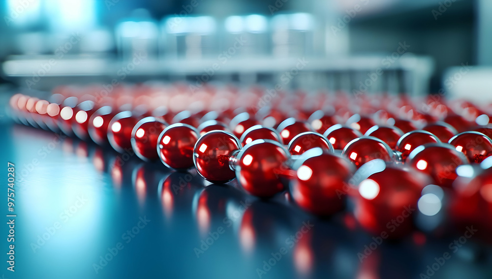 Poster a close-up view of shiny red spheres arranged in a line, creating a visually striking pattern agains