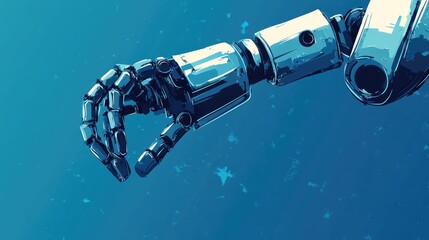 Closeup of a robotic hand against a blue background with a digital pattern.