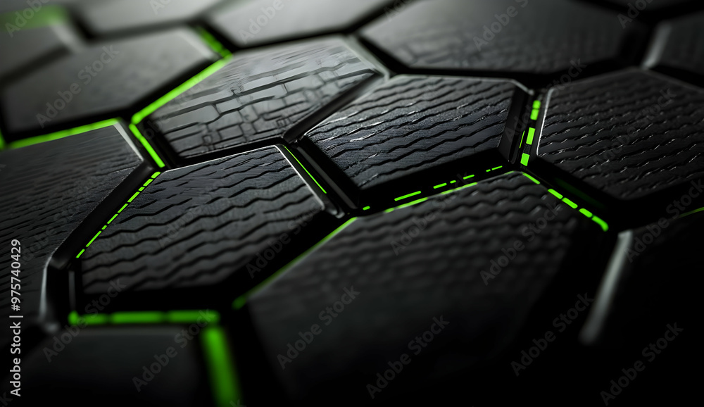 Poster close-up of a textured hexagonal surface illuminated with green light, showcasing modern design and 