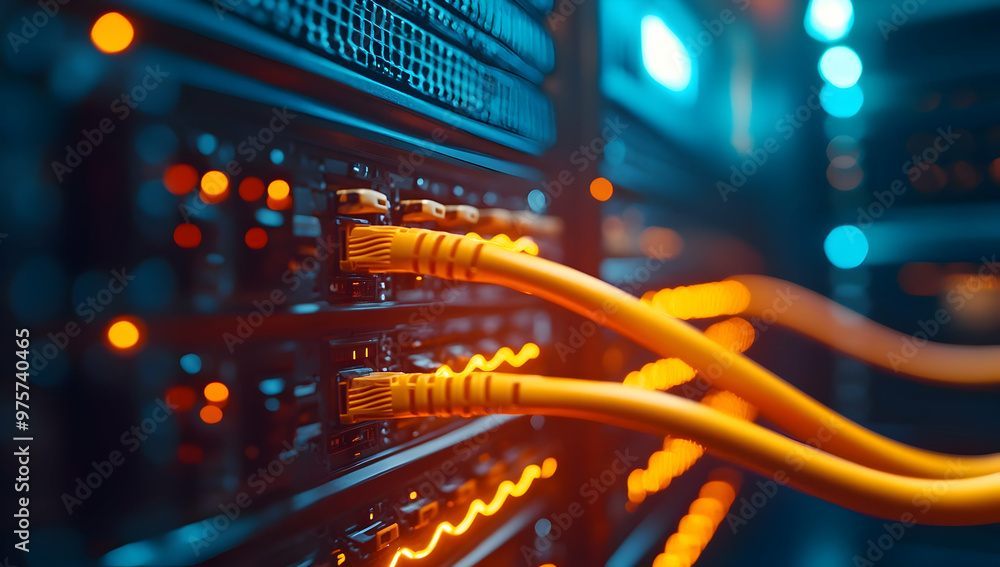 Poster close-up view of network cables connected to a server, showcasing technology and connectivity in a m
