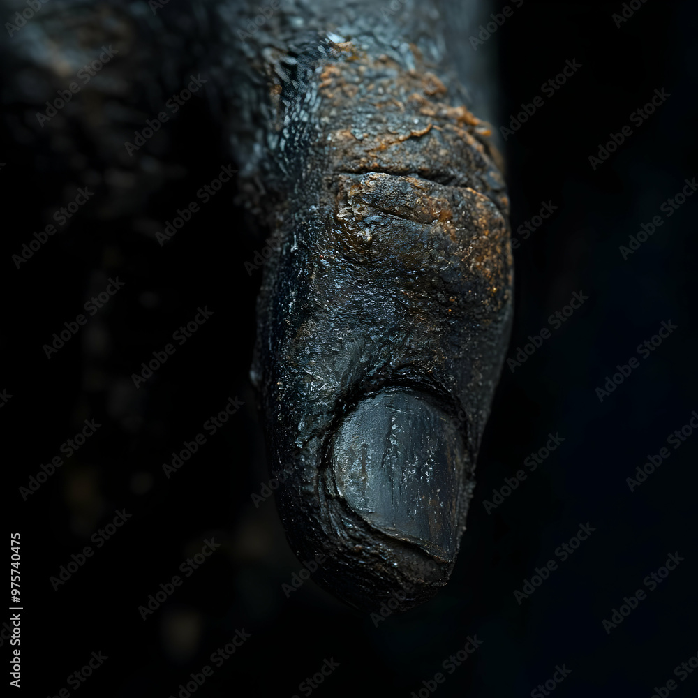 Poster close-up of a textured hand with a prominent nail detail showcasing unique patterns and shadows in a