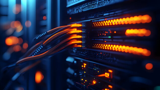 Close-up view of glowing server network cables in a data center, showcasing modern technology and connectivity.