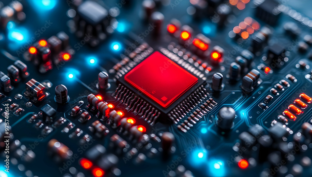Poster close-up of a modern microchip on a circuit board with vibrant lights, showcasing technology and inn
