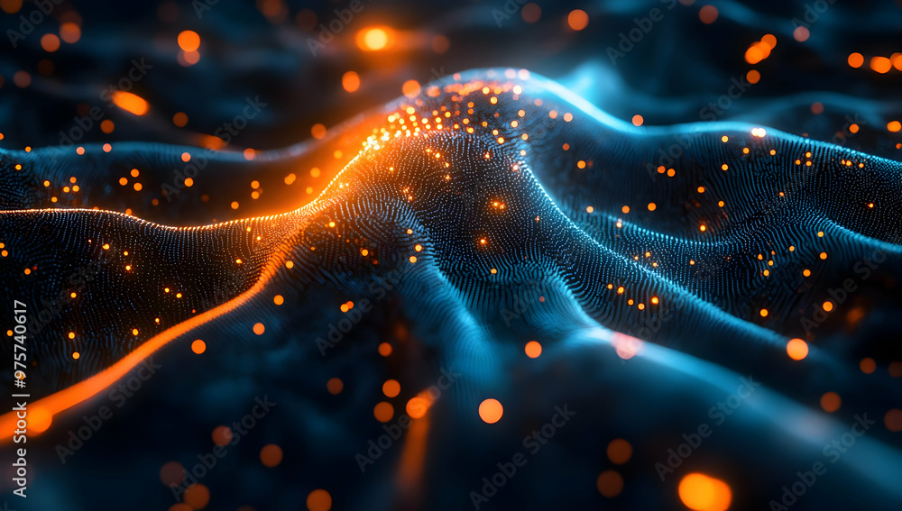 Poster abstract digital wave with glowing particles, creating a mesmerizing visual experience. perfect for 
