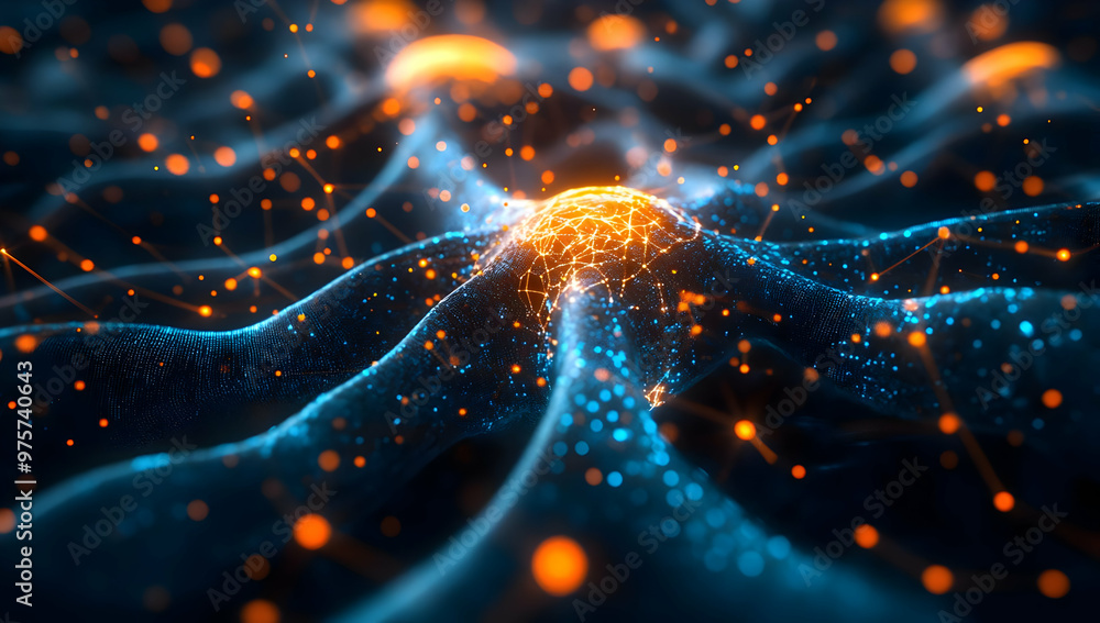 Poster A mesmerizing abstract representation of interconnected nodes and flowing waves, showcasing vibrant colors and intricate patterns.