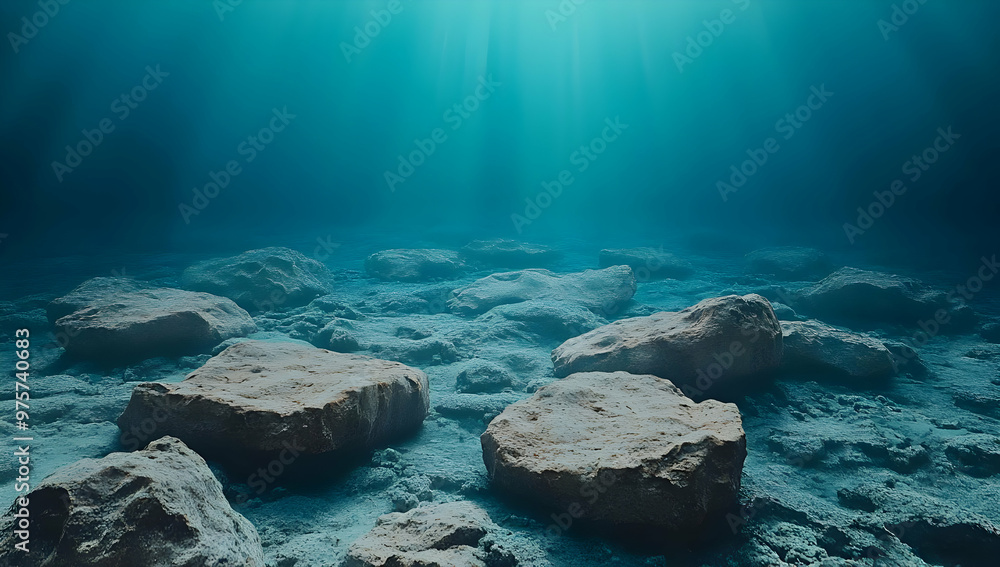 Poster calm underwater scene with sunlight filtering through water, illuminating rocky seabed and creating 