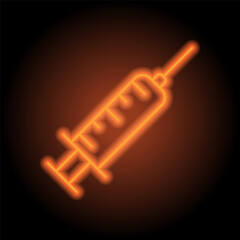 Syringe simple icon. Flat design. Orange neon on black background