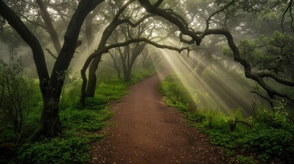 Fototapeta premium Sunbeams Illuminating a Path in a Foggy Forest