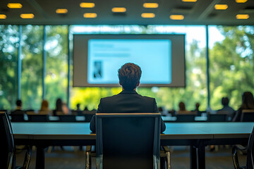 A focused individual attends a conference, engaging with a presentation displayed on a large screen in a modern venue.