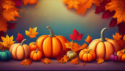  Pumpkins with fall leaves, arranged in a colorful autumn display. _1(817)