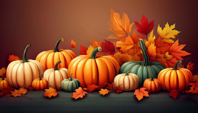  Pumpkins with fall leaves, arranged in a colorful autumn display. _1(818)