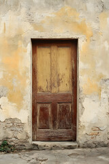 A rustic wooden door with peeling paint, set against a weathered yellow wall, evoking a sense of nostalgia and history.