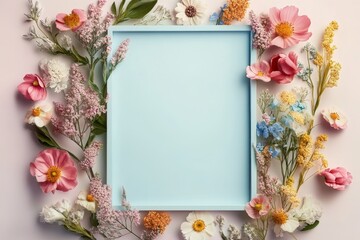 A whimsical floral border surrounds a light blue frame set on a soft background for creative display and artistic elements