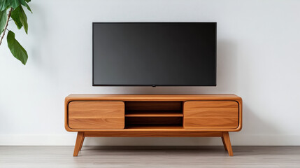 Contemporary teak wood TV stand with open shelves, set in a sleek modern living room. [Teak TV stand], [modern, media storage]