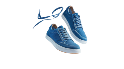 Casual blue sneakers shoes with flying laces on transparent background