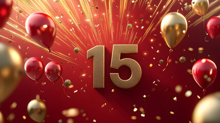 the cover of a birthday card with the number 15 in the center. The card must have red as the predominant color with gold details. Balloons and small rays similar to the flash symbol