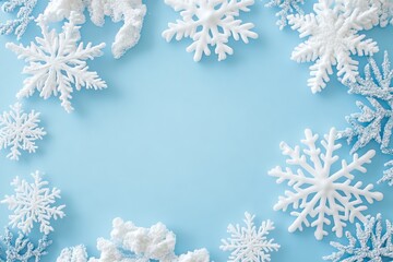 A serene winter wonderland crafted with delicate snowflakes and shimmering ornaments on a tranquil blue backdrop
