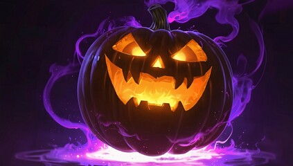 Cartoon illustration of Halloween pumpkin, jack o lantern, with smoky purple background.