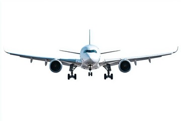An airplane with its landing gear extended, approaching for landing, realistic detail, isolated on white background