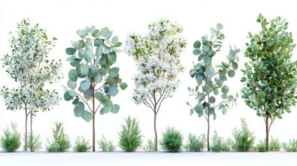 Obraz premium Diverse Eucalyptus Trees with Blooming White Flowers in Natural Landscape