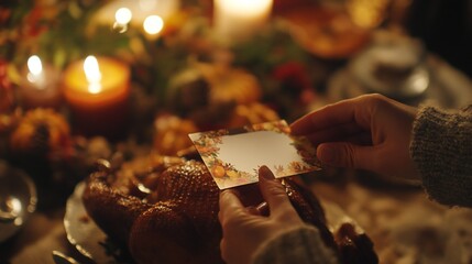 A back view of a Thanksgiving turkey gift card being lifted from a table, with the plain side briefly visible