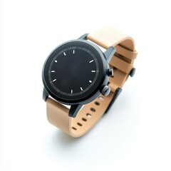 A smartwatch with customizable watch faces, showing time and weather, modern design, isolated on white background