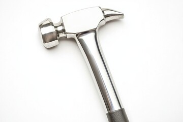 A shiny stainless steel hammer with a rubber grip, modern and sleek design, isolated on white background