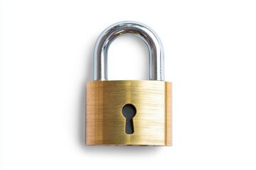 Naklejka premium A shiny brass padlock with a closed shackle, symbolizing security and protection, realistic style, isolated on white background