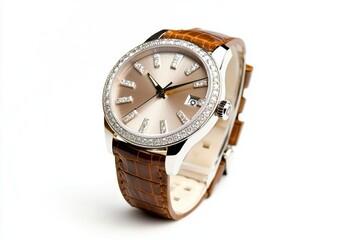 A luxury women's wristwatch with diamond accents, fashion and elegance, isolated on white background
