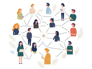 Illustration of interconnected professionals networking and collaborating in a team setting, emphasizing communication and teamwork.