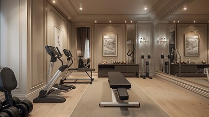A room with exercise equipment and mirrors