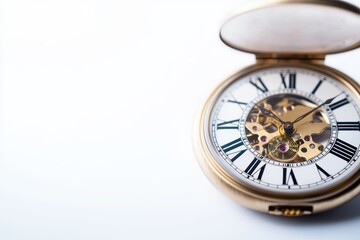 A vintage pocket watch with an open lid, intricate details and Roman numerals, isolated on white background