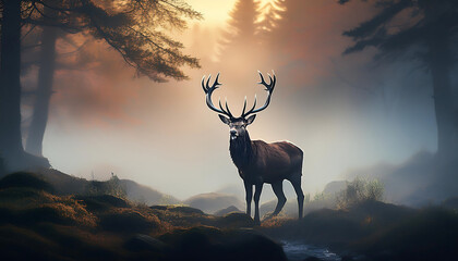  Red deer stag silhouette in the mist, creating a mystical and majestic wildlife scene. _1(841)