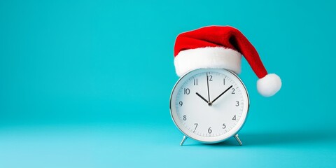 New year concept with white alarm clock with Santa Claus hat. Ai generative art