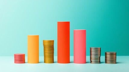 Colorful bar graph made of stacked coins and cylinders representing financial growth and data analysis against a blue background.