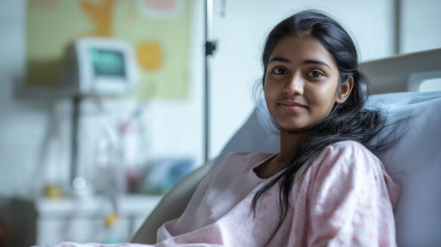 Bangladeshi Teenage Girl Resting in Hospital Bed, Medical Care Concept, Relaxation, Healthcare, Treatment - Powered by Adobe