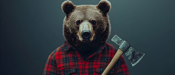 A bear wearing a flannel shirt holds an axe, combining wilderness charm with a unique twist on traditional forest imagery.