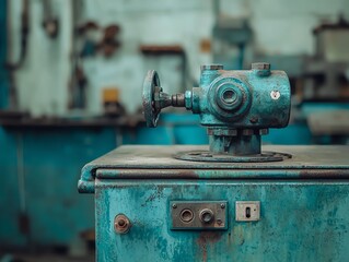 Fototapeta premium Vintage industrial machinery in an old factory setting, showcasing detailed rusted and weathered elements for gritty aesthetics.