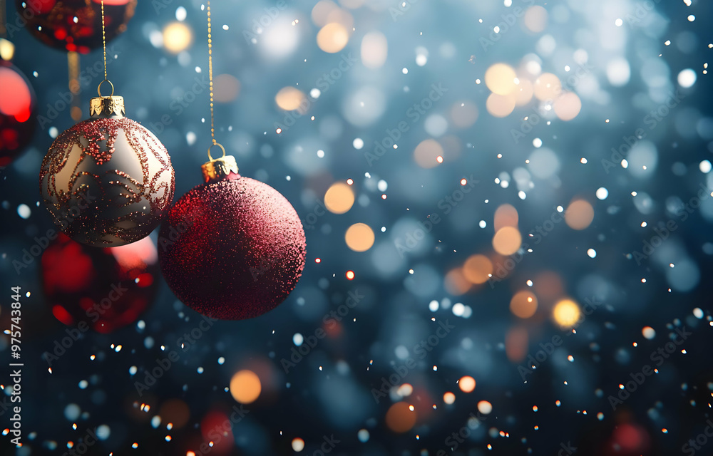 Poster a stunning display of christmas ornaments in red and gold, surrounded by a magical snowfall and a bo
