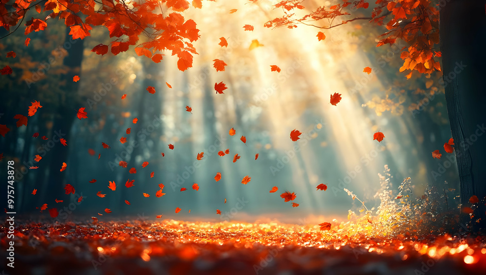 Poster enchanting autumn scene with vibrant falling leaves illuminated by soft sunlight, creating a tranqui
