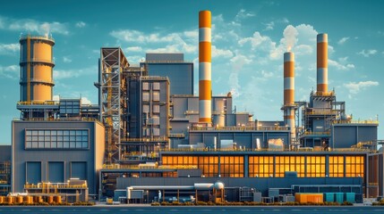 Obraz premium A large industrial plant with orange and white towers