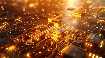 Printed circuit board futuristic server/Circuit board futuristic server code processing. Orange, green, blue technology background with bokeh. 3D Rendering