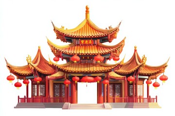 Traditional Chinese Temple with Red Lanterns: Detailed Vector Illustration