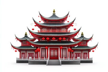 Obraz premium Traditional Chinese Temple with Red Lanterns: Detailed Vector Illustration