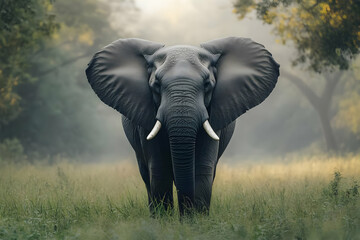 Obraz premium A majestic elephant stands confidently in a serene landscape, showcasing its large ears and tusks amidst soft, natural lighting.